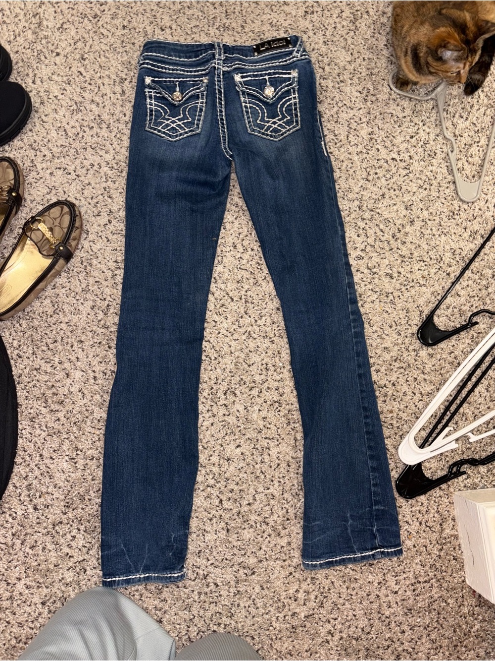 L.A. idol Dark Blue Bootcut Jeans with White Embroidered Pockets